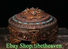 10.8" Rare Old Tibet Silver Gilt Filigree Turquoise Buddhism Flower Treasure Box