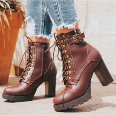 Womens BLACK ONLY Chunky Heel Combat Boot Zip Lace Up Buckle Ankle Boots  6-10