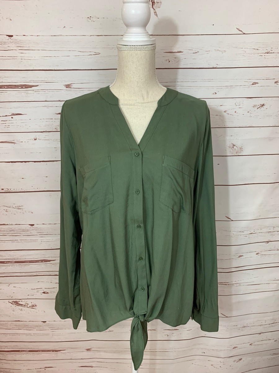 NWT SO Kohls Juniors XL Olive Green Long Sleeve Knit Woven Tie Front Shirt  | eBay