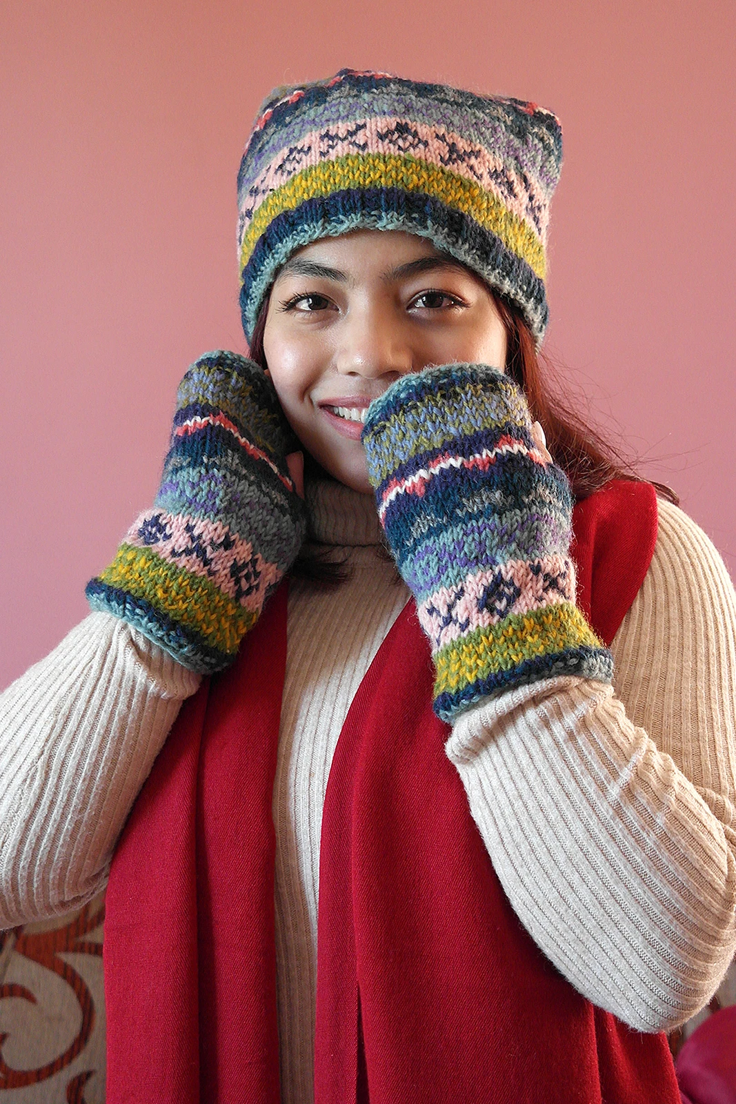 Hand Knitted Blue pink and Multi Colored Woolen Hand Warmers
