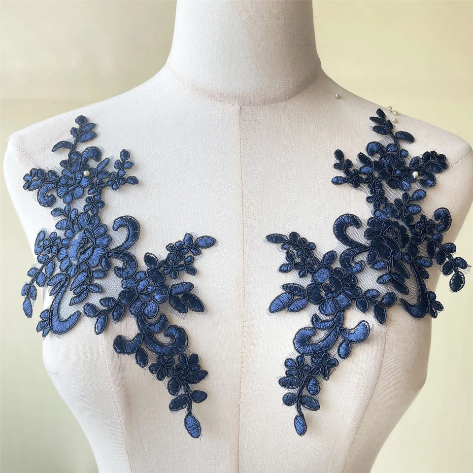 Vestido de noche de novia apliques de encaje floral con cordón disfraz de boda hágalo usted mismo motivo 1 par Foto 3 de 4