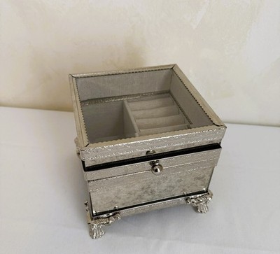 Nicole Miller Home 5'' Square Silvered Mirror Front Footed Jewelry Box Ornate