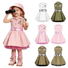 US Toddler Baby Girls Zookeeper Dress Turn-down Collar Embroidery Tulle Dresses