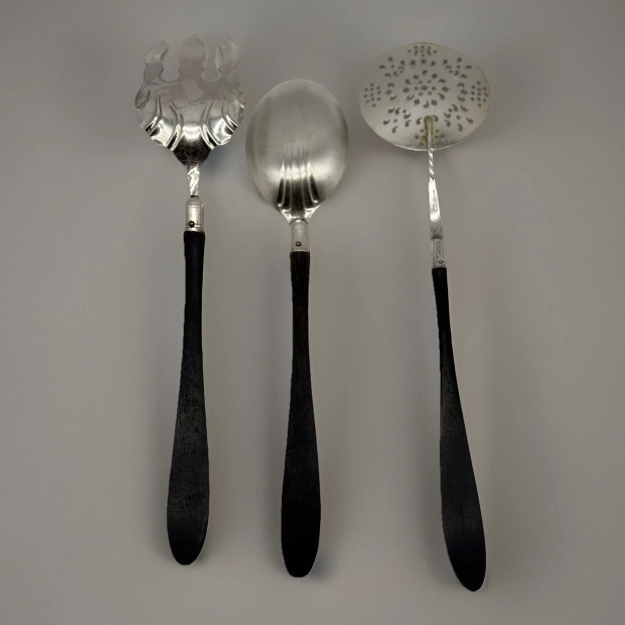 Vintage Silver Plate Wood Handle Serving Fork Spoon & Tomato Server, A1 Rogers
