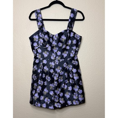 Storia Purple Rose Floral Satin Jacquard Romper Black Large NEW Coquette Brunch