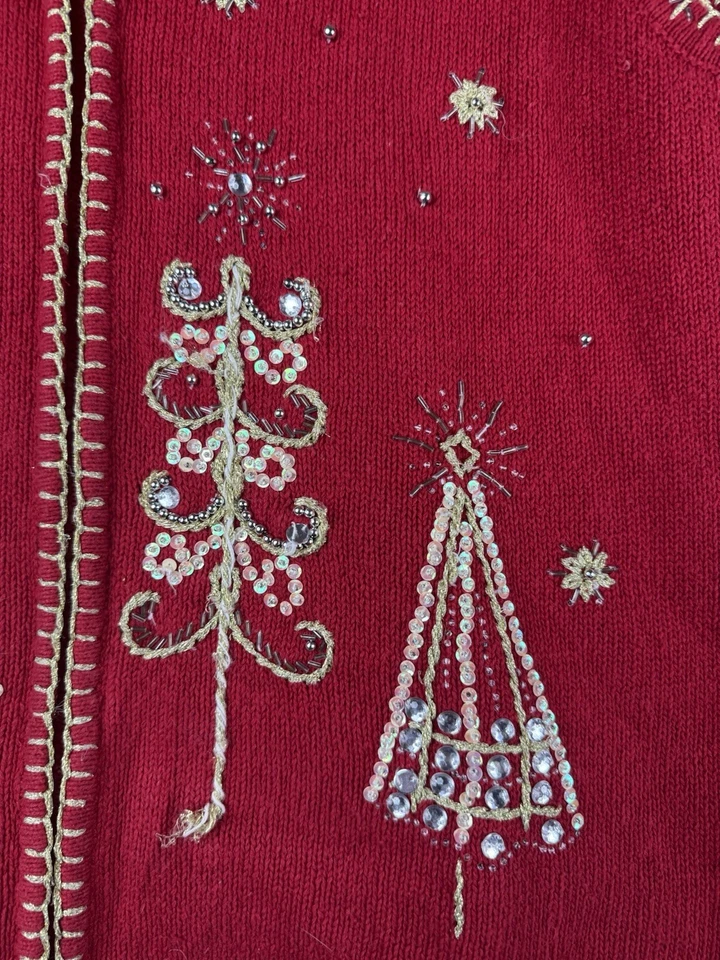 Kim Rogers Mujer L Árbol de Navidad Suéter Chaleco Rojo Cuentas Vacaciones Cremallera Completa Foto 2 de 4