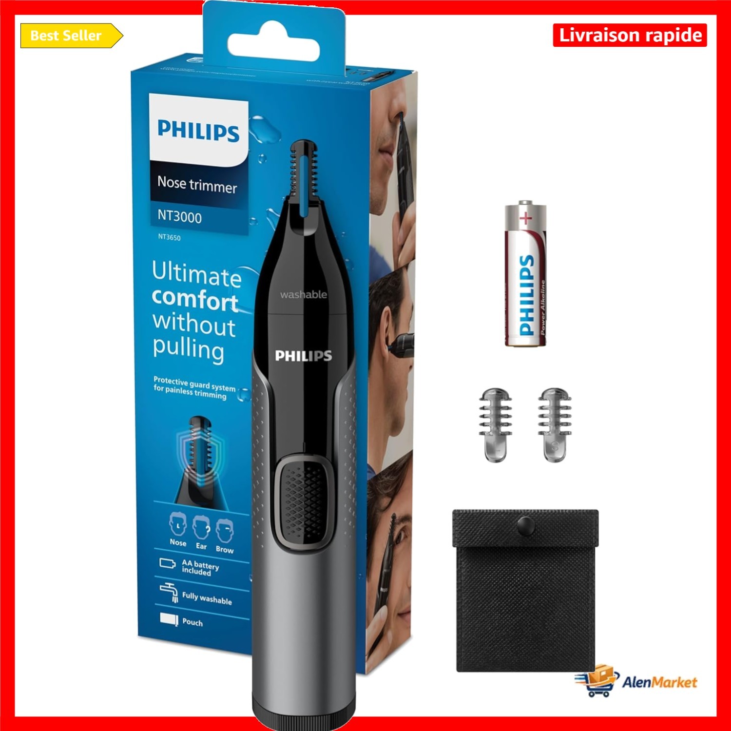 Tondeuse nez et sourcils Philips sans tiraillement grâce aux deux sabots de précision de 3mm et 5mm
