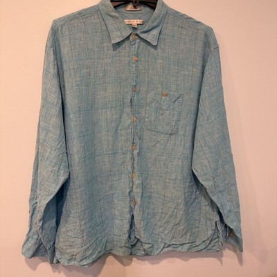 Geoffrey Beene Adult Button Up Shirt Xxl Blue Linen Cotton Blend Mens