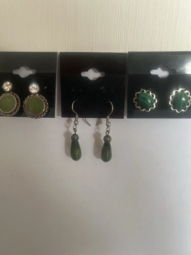 Green Stone Earrings Set Of 3 Malachite/Jade
