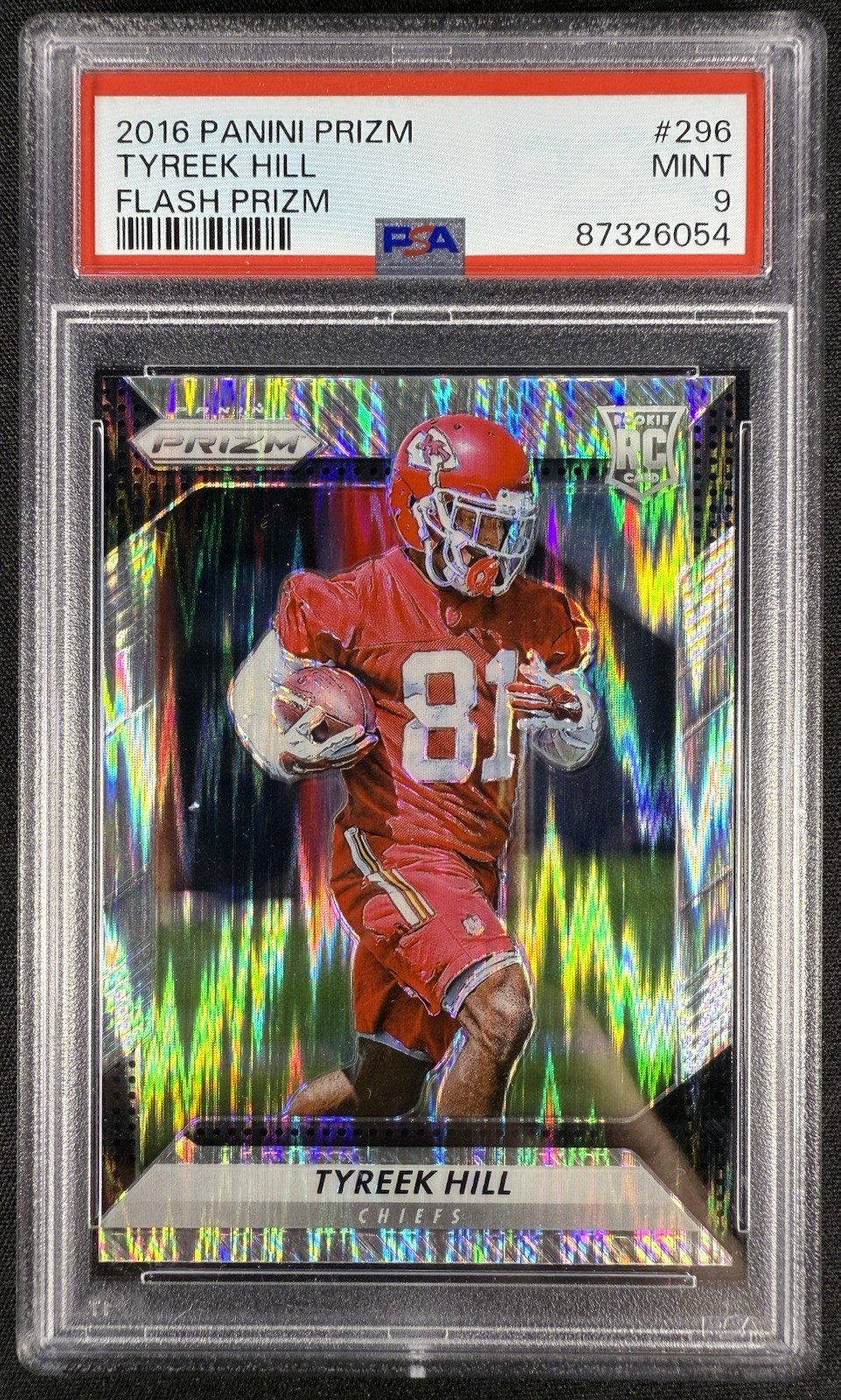2016 Panini Prizm Tyreek Hill Silver Flash Shock Rookie Prizm #296 PSA 9