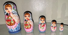 Vintage Nesting Dolls Hand Painted Russian Wooden Matryoshka Stacking, Set of 5