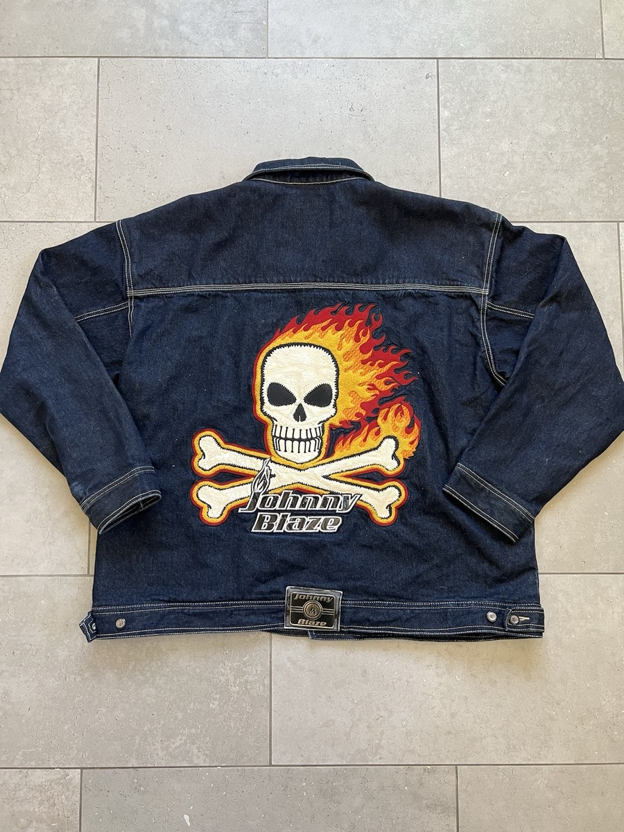 Vintage Y2K Johnny Blaze Flaming Embroidered Skull Logo Denim