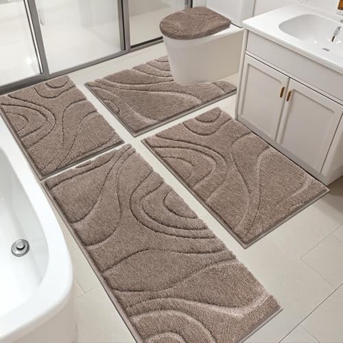 HEBE Bathroom Rugs Sets 5 Piece, Soft Absorbent Microfiber Bath Mat for 