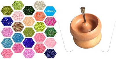 Large Wooden Bead Spinner 4.5'' Diameter, 24 Assorted Glass Seed Beads 11/0 & 6/0