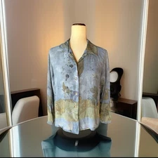 Vtg CITRON Santa Monica Art Deco 1920s Style Women Print Silk Blouse Top Sz M
