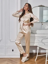Womens Silk Satin Pajamas Set Long Sleeve Sleepwear Button Down Loungewear