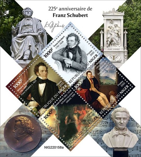Niger - 2022 Franz Schubert & Paintings - 4 Stamp Sheet - NIG220158a