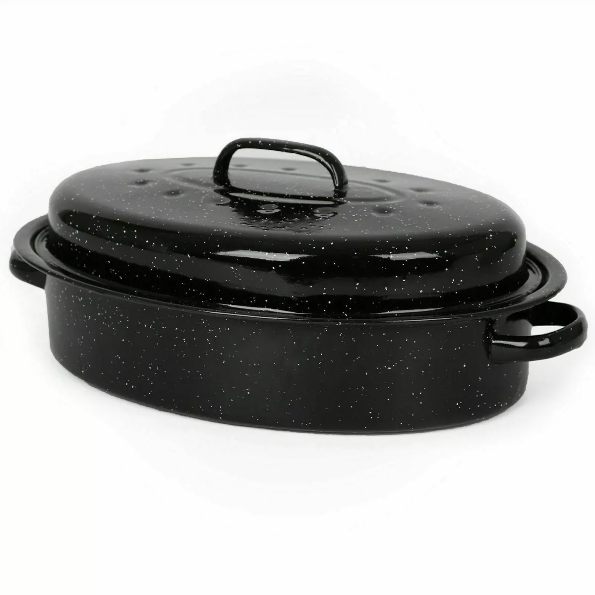 Self-Basting Roasting Pot With Lid Enamel Coated Black Tin Oval Roaster  Large