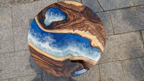 Round Epoxy Ocean Wave Side & Coffee Table Top, Living & Home Decor Interior Art - Picture 1 of 9