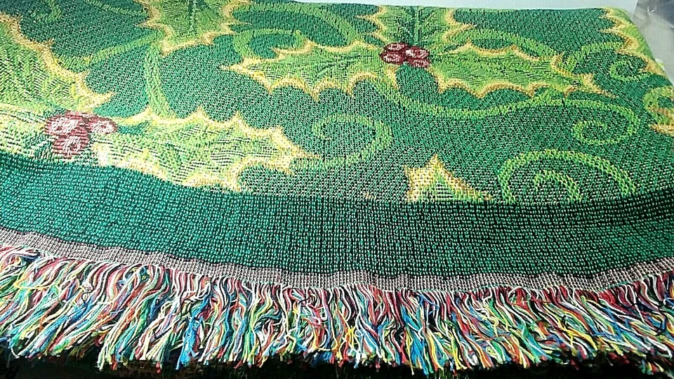 Tapestry Holly leaves Throw Blanket w Gold metallic threads Fringe 51' x 63" - Image 2 of 4