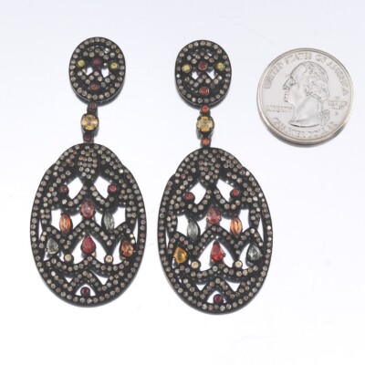Mughal Empire Style Sterling Silver Multicolor Sapphire and Diamond Drop Earring