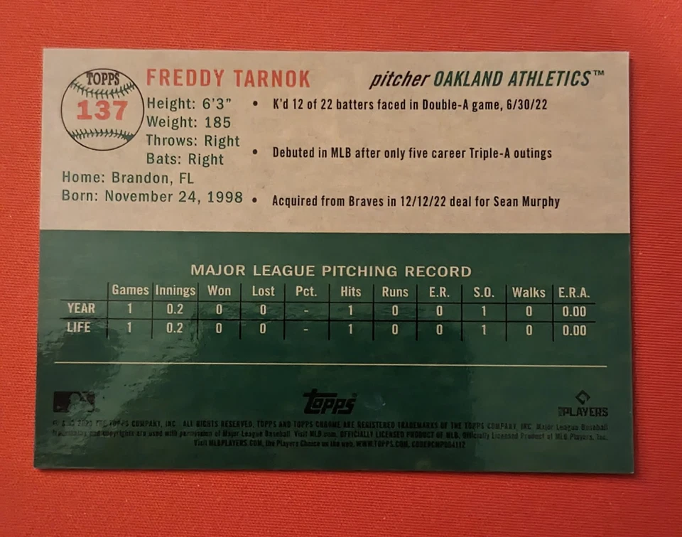 2023 Topps Platinum #137 Freddy Tarnok /75 Rose Gold Mini-Diamond Refractor RC - Image 2 of 2