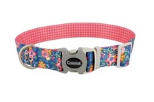 Coastal Sublime Adjustable Pink Orange Flowers On Navy Dog Collar Large 18  -26  