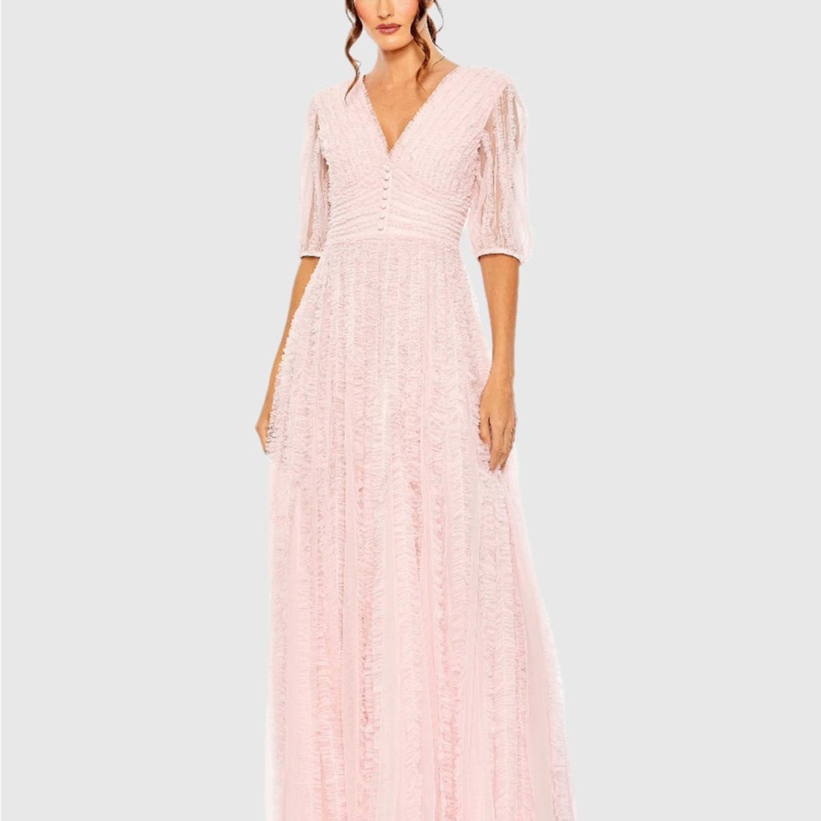 MAC DUGGALV Neck Puff Sleeve Ruffle Tiered A Line Gown