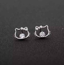 Women Kitty Stud Earring Simulated Diamond 14K White Gold Plated 1 Ct Round Cut