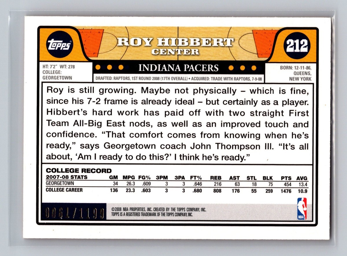 Roy Hibbert 2008-09 Topps ORANGE #212 Basketball NBA Card Pacers
