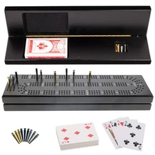 WE Games 3 Track Cribbage Board Game Set with Storage, Black Stained Wood