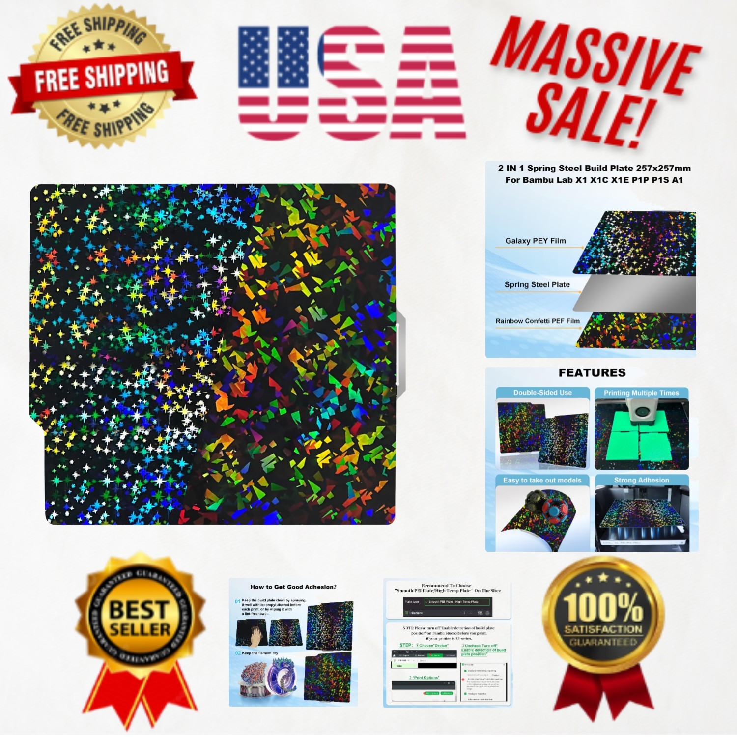 Flexible Galaxy PEY Rainbow Confetti Build Plate for Bambu 3D