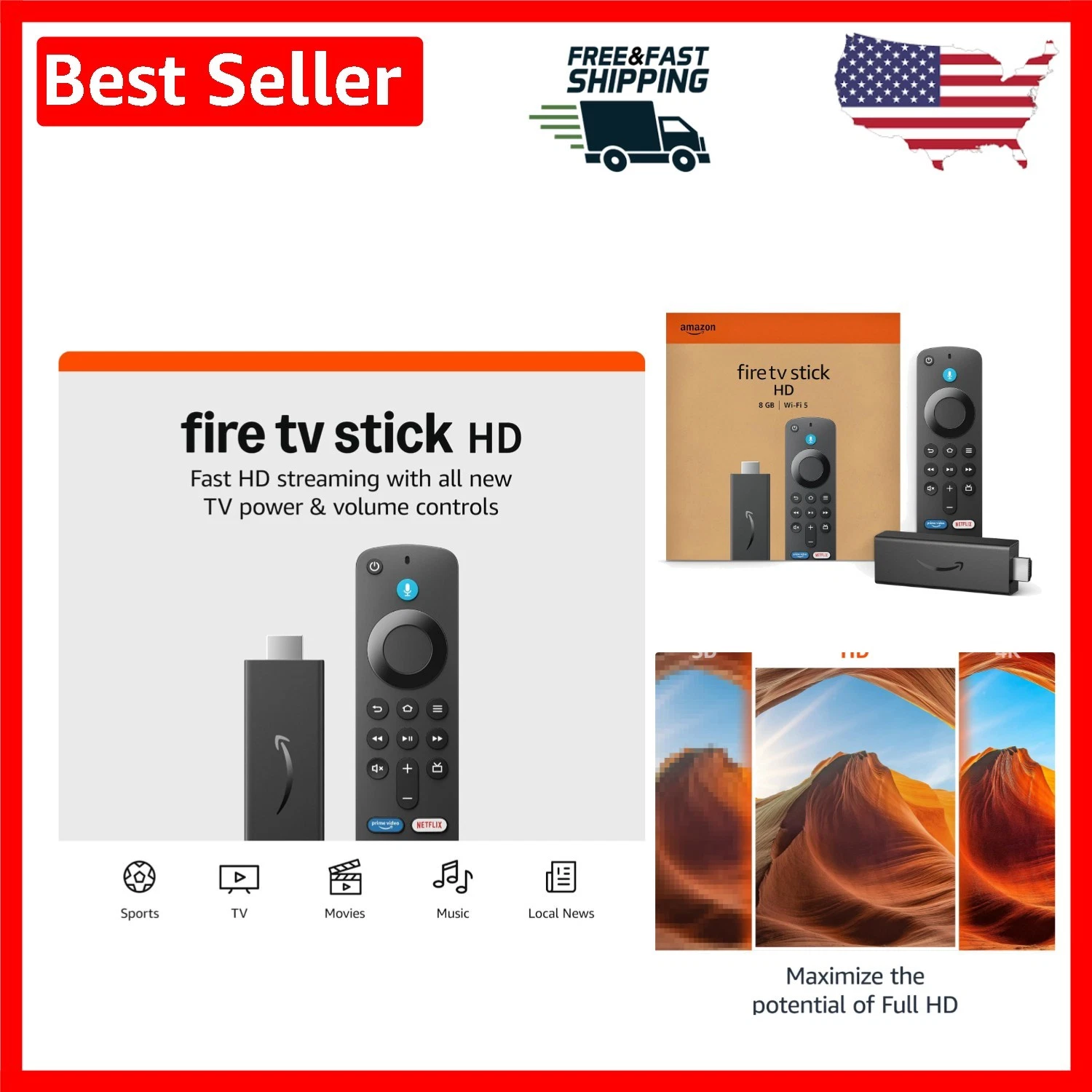 Full HD Stick Streaming Device – 1M+ Free Movies, Live TV, and Smart Controls