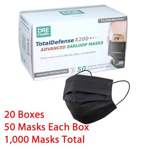 20 Box -Dre Health 3 Ply Disposable Face Masks, 50 Count Ea Box 1000 Total Black