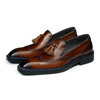 Men's Square-Toe Tassel Brogue Casual Loafers Dress Shoes Slip-Ons