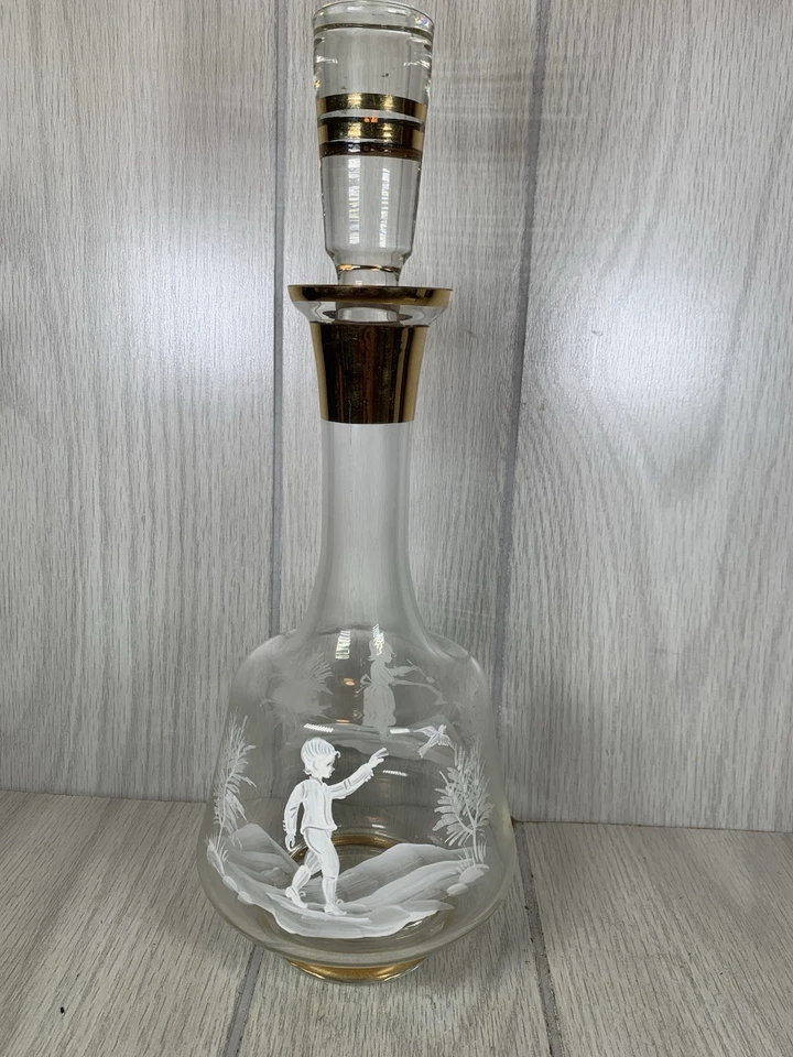 Vtg Czech Bohemia crystal decanter 6 matching glasses Hand Painted Boy Girl Bird - Image 2 of 4