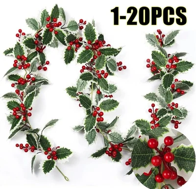 1-20x 2M Christmas Red Berries & Holly Garland Foliage Xmas Fireplace Home Decor