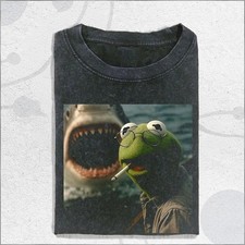 Vintage Washed Dark Humor Shirt, Smoking Frog Meme Tee, Shark Attack Parody Tee