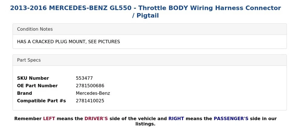 Mercedes-Benz GL550 2013-2016 - Cuerpo del acelerador conector de arnés de cableado / coleta Foto 4 de 4