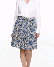 Talbots Floral Lined Blue Knee Length Pleated Front, Pockets, Belt Skirt Size P8