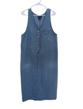 Vintage Blue J Denim Jumper Dress L Sleeveless Button-Up Midi with Pockets