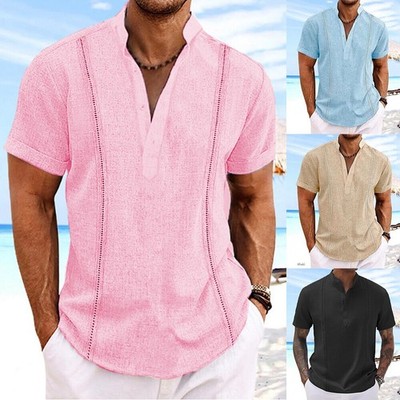 Men Summer Short Sleeve Blouse Linen Loose Shirts V Neck Tops Casual Fashion