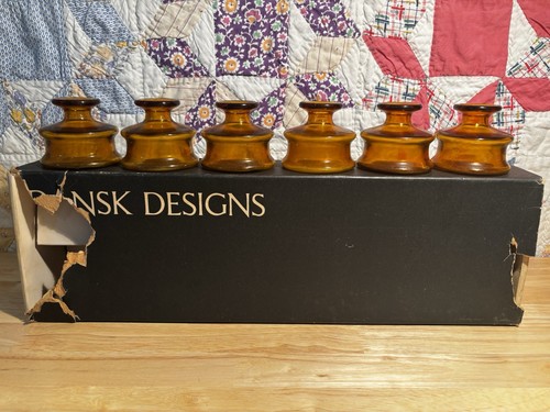 Dansk Designs 6 Small Amber Glass Inkwell Bottle Bud Vases with Box