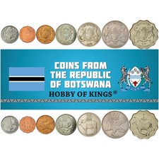 Batswana 7 Coin Set 1 2 5 10 25 50 Thebe 1 Pula | Zebra | Turako | 1976 - 1989
