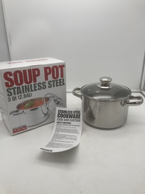 NEW Basics Stainless Steel 3qt / 2.8L Soup Pot Saucepan with Glass Lid Oven Safe