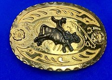 Vintage Two Color Rodeo Cowboy On Tamed Cow Steer Bull Belt Buckle