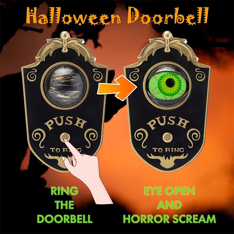 Sonnette d'Halloween borgne interactive en résine verte avec œil lumineux mobile