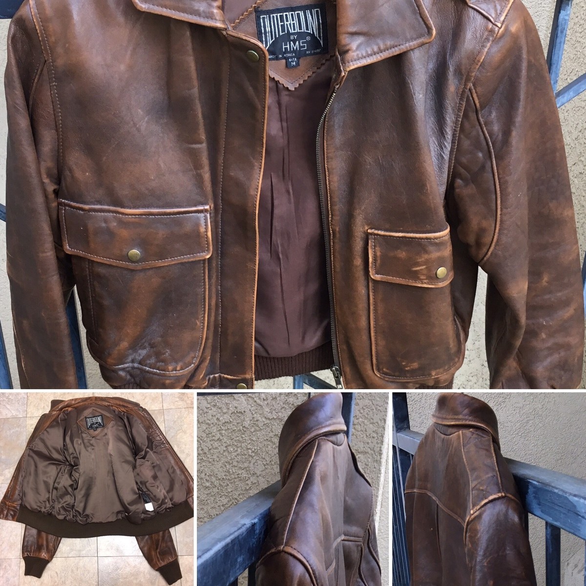 Vintage Brown Leather Bomber Jacket Outerbound By HMS 80s Vintage Brown Leather Bomber Jacket Outerbound By HMS 80s