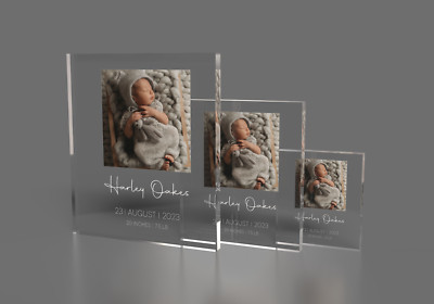 Personalisierter Fotoblock | Glasähnliche Plakette | Maßgeschneiderter Text | Neu Baby/Hochzeit