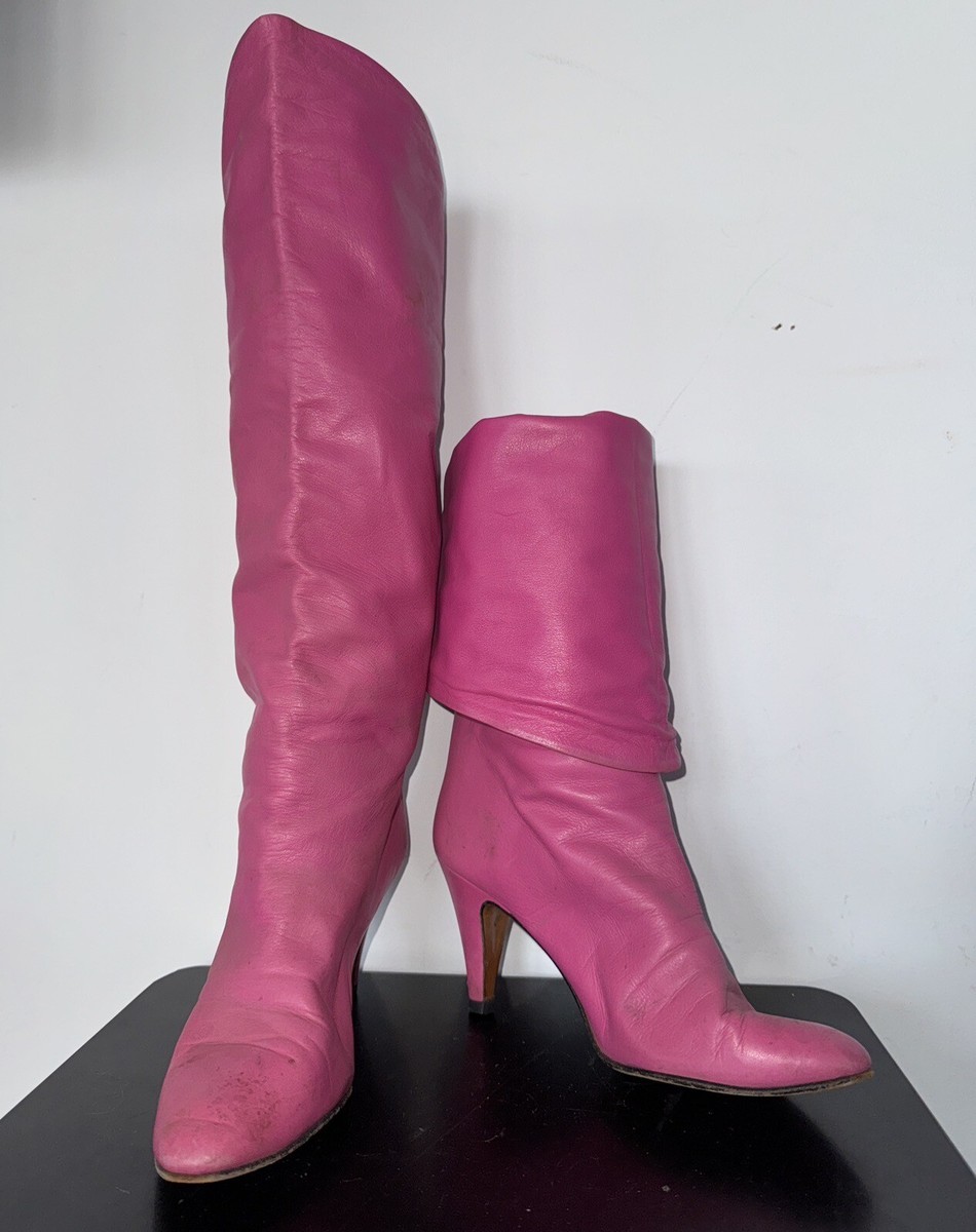 Vtg Sz 7 38 Italian CHANTAL 70s 80s Pink Leather Slouch Boots Cuff